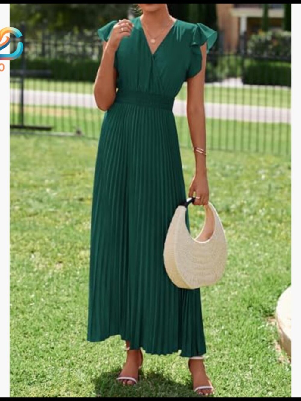 Summer Maxi Dress V Neck Ruffle Sleeves Empire Waist Pleated Flowy Formal - Picture 3 of 7